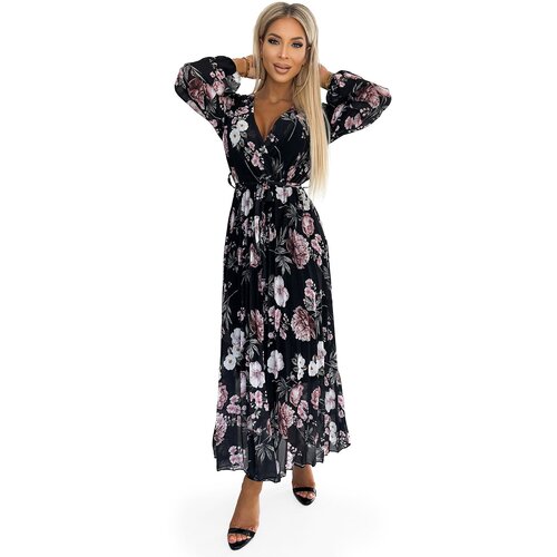 Numoco Pleated midi dress with neckline, long sleeves and tie at the waist Numoco Cene