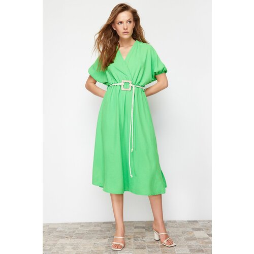 Trendyol green straight a-line double breasted collar balloon sleeve belt detailed lily maxi woven dress Cene