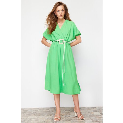 Trendyol green straight a-line double breasted collar balloon sleeve belt detailed lily maxi woven dress Slike