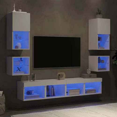 vidaXL 8-dijelni zidni TV elementi s LED svjetlima bijeli drveni