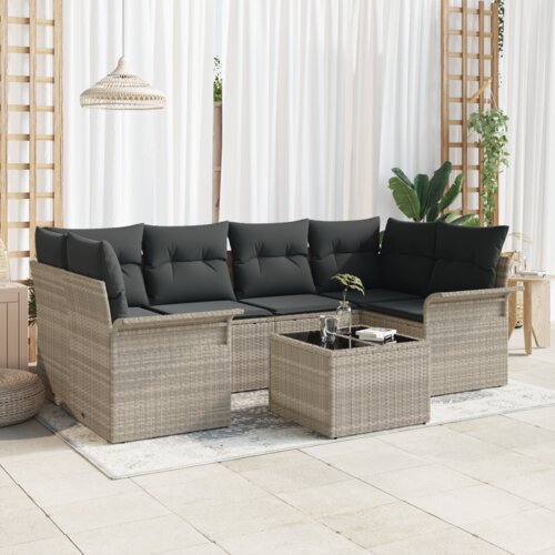 vidaXL 7-dijelni set vrtnih sofa s jastučićima svjetlosiva poli ratan, dvosjedna vrtna sofa s skladi&scaron;tenjem i jastučićima svjetlosiva poli ratan Cijene