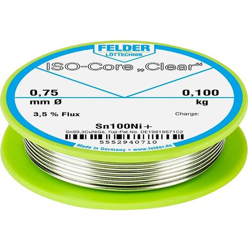  Felder ISO-Core &amp;#039;&amp;#039;Clear&amp;#039;&amp;#039; Sn100Ni+ spajkalna palica tuljava Sn99\,25Cu0\,7Ni0\,05 0.100 kg 0.75 mm, (20428787) Slike