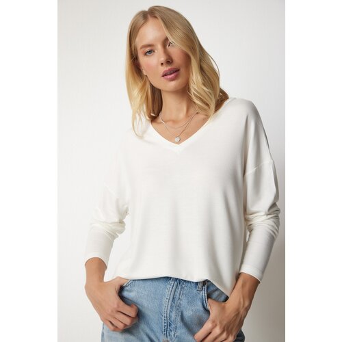  Women&amp;#039;s Ecru V-Neck Knitwear Blouse Slike