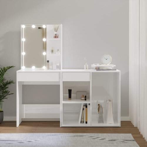 vidaXL LED toaletna mizica z omarico visok sijaj bel inženirski les Cene