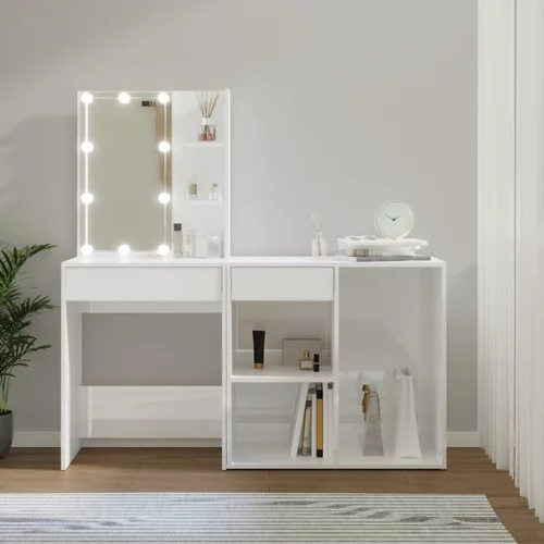 vidaXL LED toaletna mizica z omarico visok sijaj bel inženirski les