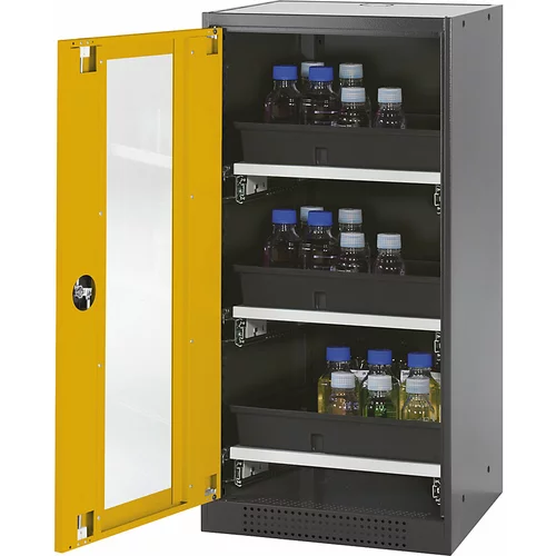 asecos Laboratorijska omara za kemikalije, 1 vrata, polovična višina, 3 izvlečni deli, s kontrolnim okencem, rumena