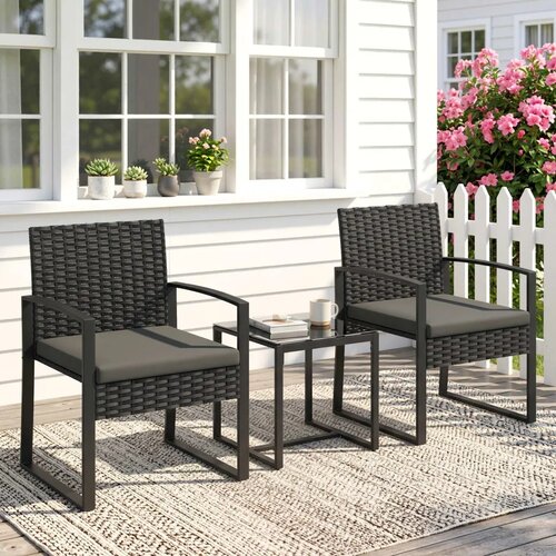 Bistro set od ratana vrtni namje&amp;scaron;taj od 3 dijela s 2 vrtne stolice stolić za kavu jastuci koji se mogu ukloniti tamno siva Slike
