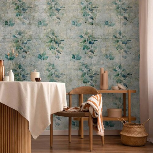  Foto tapeta - Mint tones - green leaf bouquets on a retro patterned background 500x350 Slike