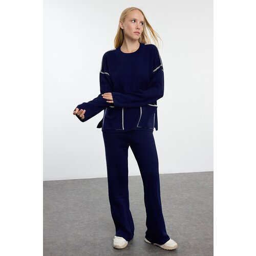Trendyol Navy Blue Piping Detailed Trouser Knitwear Top-Bottom Set Cene