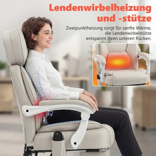  Uredska stolica s visokim naslonom vibracijskom masažom i grijanjem ergonomska nagibna s osloncem za noge krem ​​bijela Slike