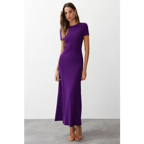 Trendyol Purple Short Sleeve Bodycone/Fitting Crew Neck Stretchy Knitted Maxi Pencil Dress