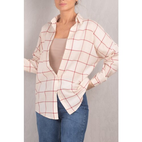 armonika Women's Cream Square Pattern Oversize Long Basic Shirt Cene