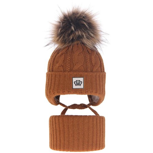 AGBO Girl&amp;#039;s winter set: hat and tube scarf camel Tigra with pompom Slike