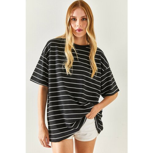 Olalook Women's Black Striped 2 Threads Oversize Unisex T-Shirt Slike
