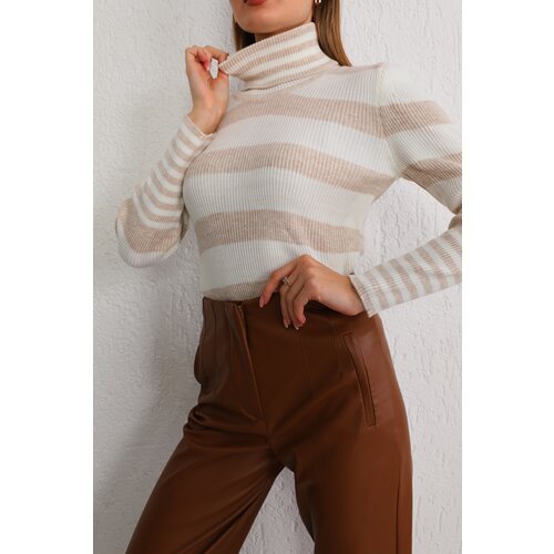 BİKELİFE Women's Beige Striped Soft Textured Lycra Basic Knitwear Sweater Slike