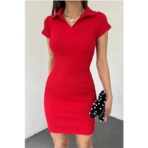 Dewberry 35605 Polo Neck Dress with Short Sleeves-RED Slike