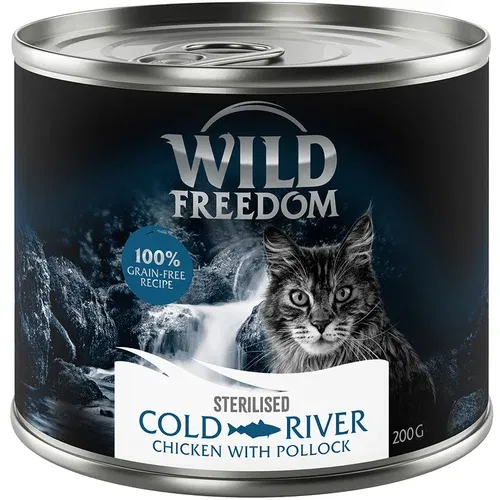 Wild Freedom Adult Sterilised 6 x 200 g - receptura brez žitaric - Cold River Sterilised - piščanec s sajem