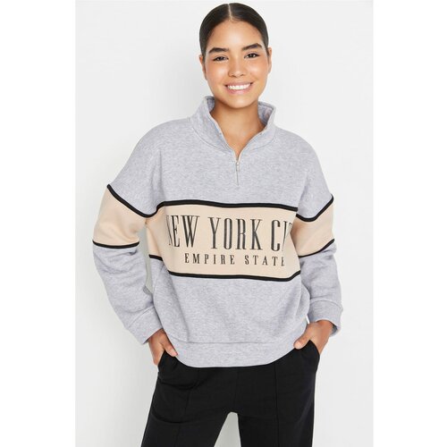 Trendyol Gray Melange Basic Printed Thick Fleece Knitted Sweatshirt Slike