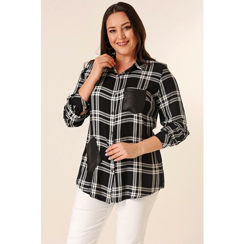 By Saygı Metal Button Leather Detailed Double Pocket Sleeve Folded Large Checked Plus Size Shirt Cene