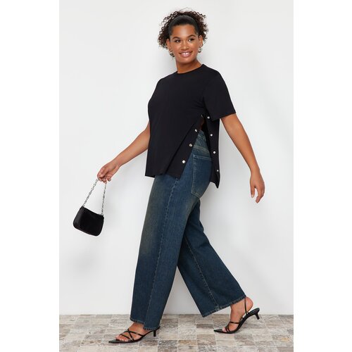 Trendyol Curve Black Button Detailed Knitted T-shirt Slike