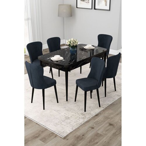 Hanah home trpezarijski set Due, sto na razvlačenje i 6 stolica, ploča u dekoru crnog mermera, antracit tkanina Babyface Cene