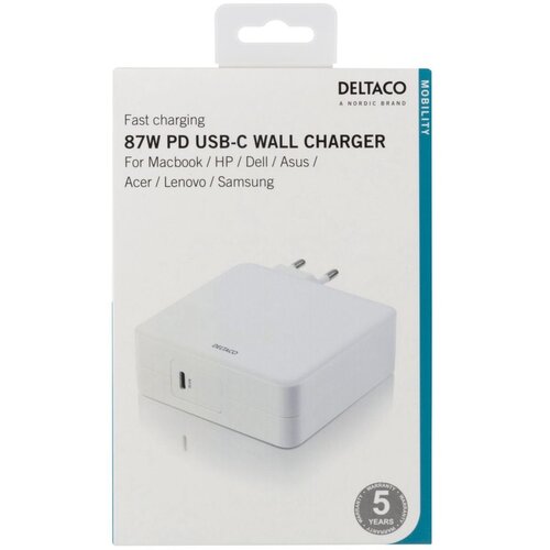 Deltaco Kućni Punjač 1xUSB-C PD 87W - Brzo punjenje, Bijeli Slike