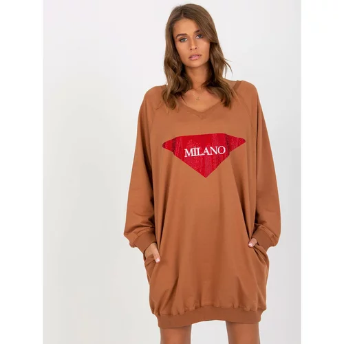Fashion Hunters Light brown oversize long sweatshirt with an appliqué and an inscription