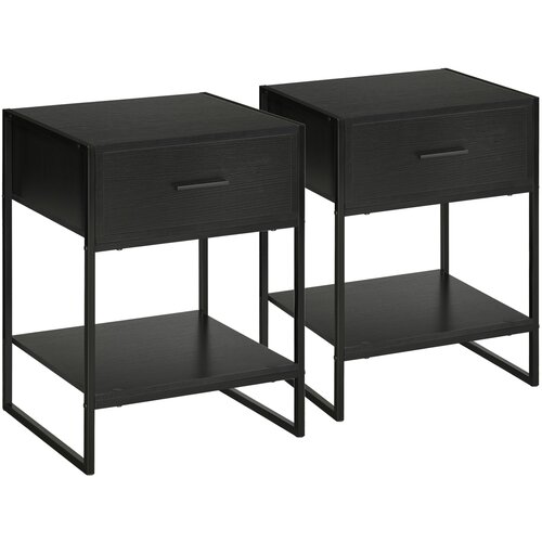 HOMCOM Sodoben komplet nočnih omaric 2 kosa s predalom in odprto polico za spalnico in dnevno sobo, MDF in jeklo, 45x40x60cm, črna, (20745715) Cene