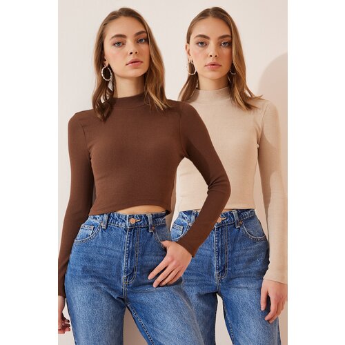 Happiness İstanbul Women's Brown Cream 2-Pack Ribbed Turtleneck Crop Knitted Blouse Slike