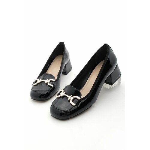 Marjin Women's Chunky Heel Buckled Flat Toe Classic Heeled Shoes Alesa Black Patent Leather Cene