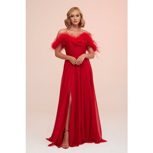 Carmen Red Chiffon Feathered Slit Long Evening Dress Slike