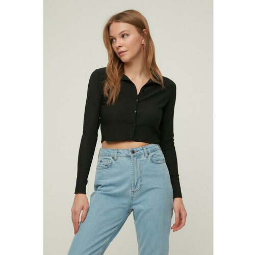 Trendyol black buttoned polo neck crepe crop knitted blouse Slike