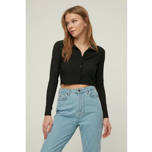 Trendyol Black Buttoned Polo Neck Crepe Crop Knitted Blouse
