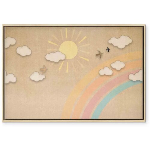  Slika - Holiday Sky - Sunny Day with a Rainbow and Flying Birds 90x60 U prirodnom drvenom okviru Slike