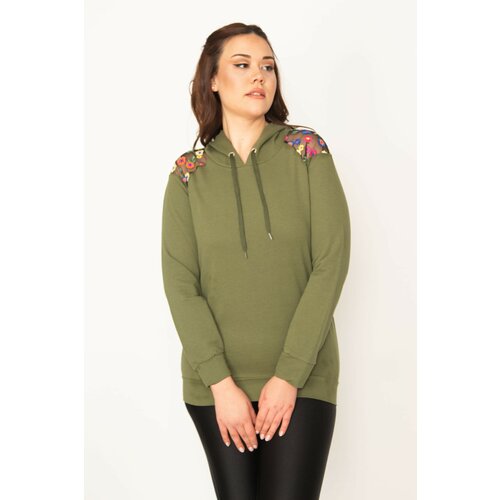 Şans Women's Plus Size Khaki Sequin Detail Hooded Sweatshirt Slike