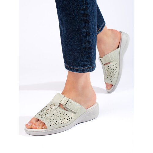 Shelvt Openwork olive sandals for women on a comfortable wedge Cene