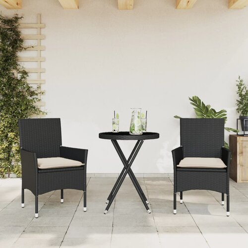 VidaXL 3-dijelni bistro set s jastucima crni od poliratana i stakla Slike