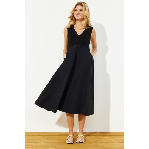Trendyol Black Waist Midi Knitted Fabric Detailed Woven Maxi Dress Slike