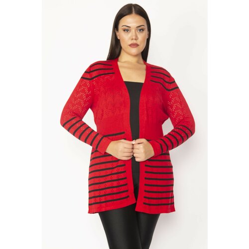 Şans Women's Plus Size Red Openwork Knitted Striped Sweater Cardigan Slike