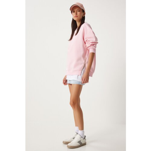 Happiness İstanbul Women&amp;#039;s Pink Zipper Detailed Raised Knitted Sweatshirt Slike