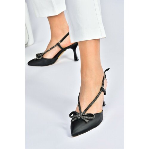 Fox Shoes Women's Black Satin Fabric Stone Detailed Heeled Shoes Cene
