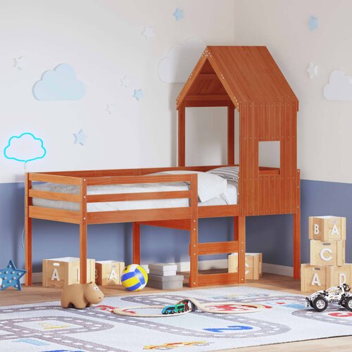  The Living Store Visoka postelja s streho vo&amp;scaron;čeno rjava 90x200 cm trdna borovina - Visoka Postelja, (21495702) Slike