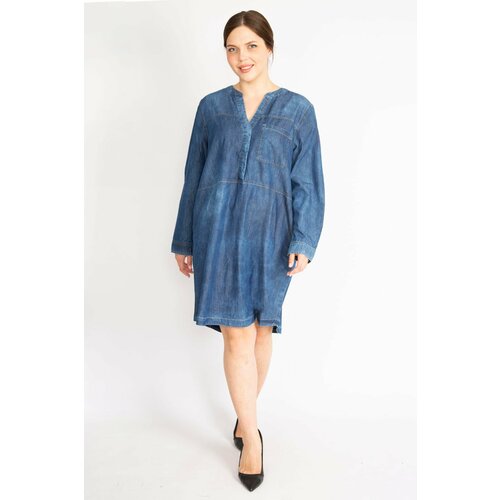 Şans Women's Navy Blue Plus Size Wash Effect Front Pat and Snap Buttoned Denim Dress Cene