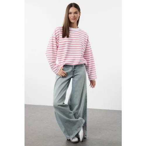 Trendyol Pink Striped Oversize/Wide Cut Crew Neck Thin Knitted Sweatshirt