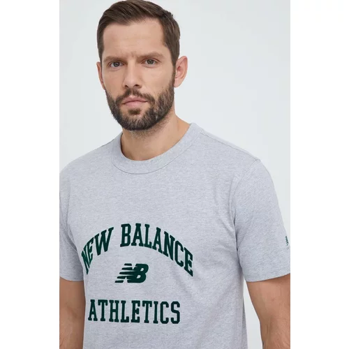 New Balance Bombažna kratka majica moški, siva barva