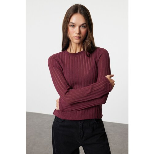 Trendyol Claret Red Transparent Knitwear Look Fabric Regular Length Crew Neck Knitted Blouse Cene