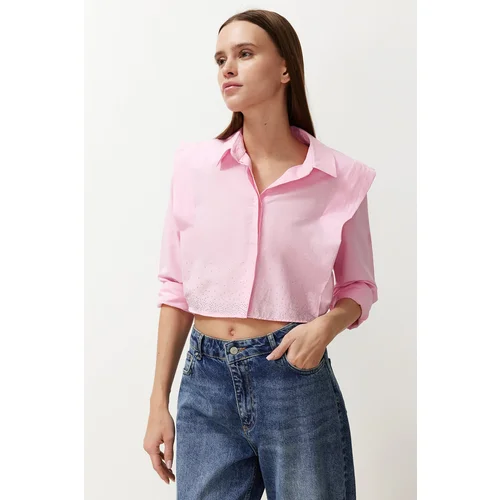 Trendyol Pink Crop Woven Shirt with Wadding on the Sleeves