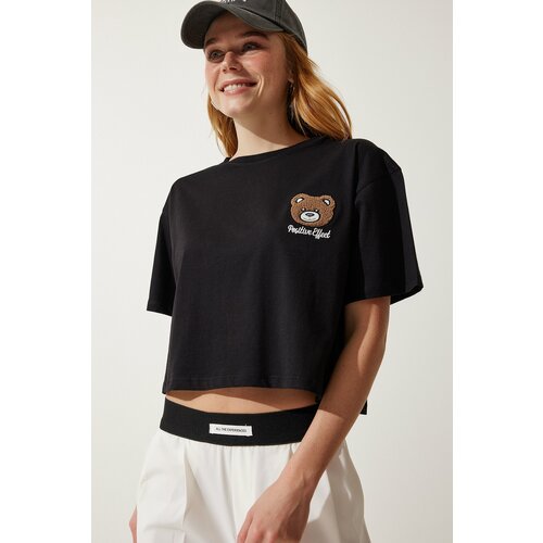 Happiness İstanbul Women's Black Teddy Bear Crest Crop Knitted T-Shirt Slike