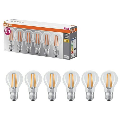 Osram Set LED žarulja Base Classic (E27, Sjaj, Bez prigu&amp;scaron;ivanja, Topla bijela, 806 lm, 7 W, 6 Kom.) Slike