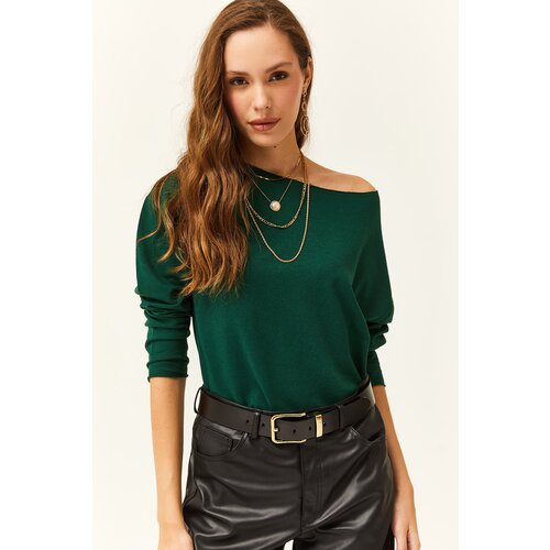Olalook Women's Emerald Green Dirty Collar Printed Soft Texture Thin Sweatshirt Slike